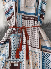 Plus Scarf Print Asymmetrical Hem Belted Cami Dress - Multicolor - View 5