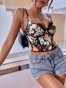 SHEIN VCAY 印花睫毛蕾絲邊緊身吊帶 - 彩色 - 查看 3