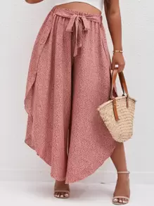 SHEIN Holidaya Pantalones de pierna ancha con estampado con cordón delantero - Rosa vieja - Ver 1