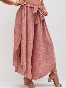 SHEIN Holidaya Pantalones de pierna ancha con estampado con cordón delantero - Rosa vieja - Ver 3