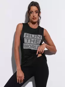 SHEIN Street Sport Striped & Slogan Graphic Sports Tank Top - Black - View 1