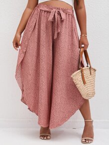 SHEIN Holidaya Pantalones de pierna ancha con estampado con cordón delantero - Rosa vieja - Ver 4