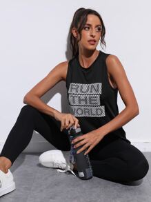 SHEIN Street Sport Striped & Slogan Graphic Sports Tank Top - Black - View 3