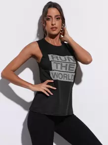 SHEIN Street Sport Striped & Slogan Graphic Sports Tank Top - Black - View 4