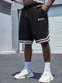 Manfinity Homme Men Plus Letter  Graphic Striped Trim Shorts - Black - View 1