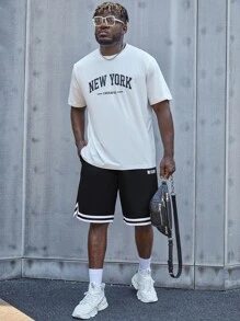 Manfinity Homme Men Plus Letter  Graphic Striped Trim Shorts - Black - View 6