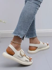Thiết kế khóa đôi cho nữ Giày sandal có dây đeo mắt cá chân hở ngón, Giày sandal thoải mái ngoài trời tối giản chắc chắn thời trang - Màu be - Xem 3