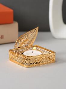 1pc Hollow Out Leaf Decor Candle Holder - Gold - View 1