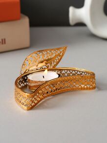 1pc Hollow Out Leaf Design Candle Holder - Gold - View 2