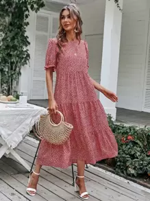 SHEIN Holidaya Allover Print Swing Smock Dress - Red - View 1