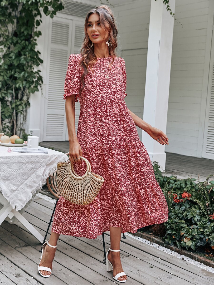 SHEIN Holidaya Allover Print Swing Smock Dress - Red - View 1