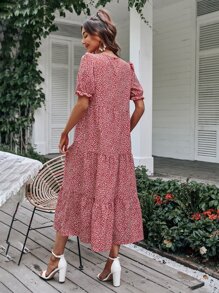 SHEIN Holidaya Allover Print Swing Smock Dress - Red - View 2