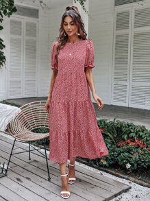 SHEIN Holidaya Allover Print Swing Smock Dress - Red - View 4