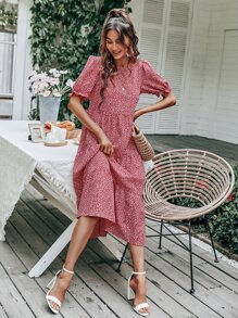 SHEIN Holidaya Allover Print Swing Smock Dress - Red - View 5