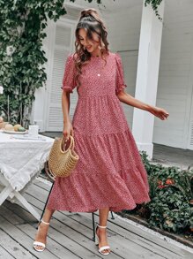 SHEIN Holidaya Allover Print Swing Smock Dress - Red - View 6