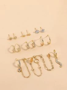 8入組/對鋅合金&鑽石裝飾吊墜釘式耳環 - 金黃色 - 查看 3