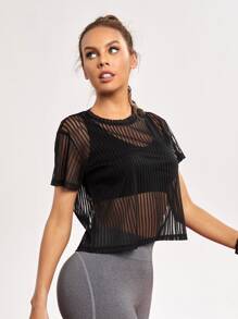 Easithlete Striped Mesh Sports Tee Without Tank Top Gym Top - Black - View 4