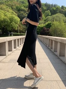 DAZY 素色前抽繩洋裝 - 黑色 - 查看 5