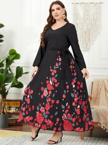 Plus Floral Print Belted Dress - Black - View 1