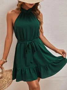 SHEIN Frenchy Vestido halter de espalda con abertura de ojo bajo con fruncido con cinturón