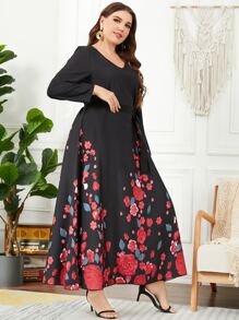 Plus Floral Print Belted Dress - Black - View 5