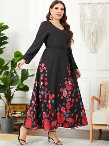 Plus Floral Print Belted Dress - Black - View 6
