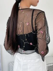 DAZY Floral Embroidery Knot Front Mesh Top Without Cami Top - Black - View 2