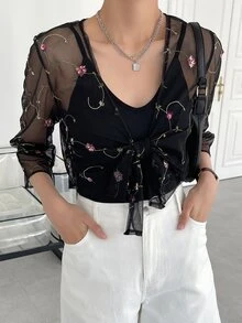 DAZY Floral Embroidery Knot Front Mesh Top Without Cami Top - Black - View 7