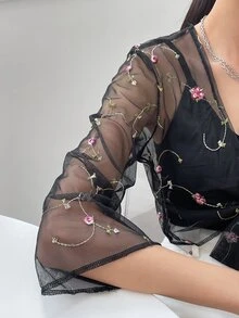 DAZY Floral Embroidery Knot Front Mesh Top Without Cami Top - Black - View 8