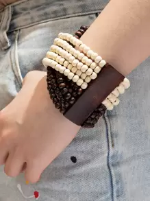 European Style Long Wood Chip Beaded Bracelet - Multicolor - View 1