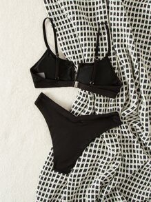 SHEIN Swim Summer Beach Ribbed V Wired Buckle Back Cami Bra & High Cut Bottom 2 Piece Bathing Suit - Black - View 3
