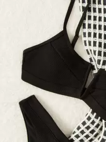 SHEIN Swim Summer Beach Ribbed V Wired Buckle Back Cami Bra & High Cut Bottom 2 Piece Bathing Suit - Black - View 4