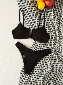 SHEIN Swim Summer Beach Ribbed V Wired Buckle Back Cami Bra & High Cut Bottom 2 Piece Bathing Suit - Black - View 6