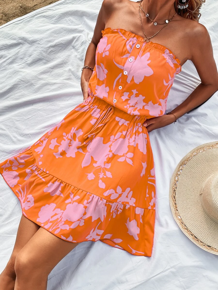 SHEIN VCAY Floral Print Ruffle Hem Tube Dress - Orange - View 1