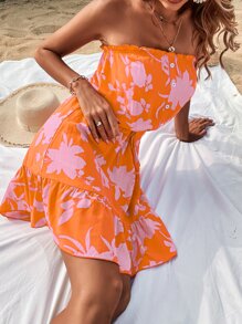 SHEIN VCAY Floral Print Ruffle Hem Tube Dress - Orange - View 3
