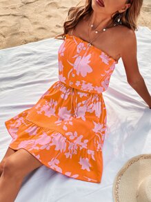 SHEIN VCAY Floral Print Ruffle Hem Tube Dress - Orange - View 4