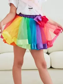 女孩撞色前蝴蝶結網紗蓬蓬短裙 - 彩色 - 查看 3