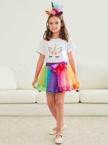 女孩撞色前蝴蝶結網紗蓬蓬短裙 - 彩色 - 查看 4