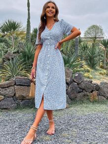 SHEIN Unity Ditsy Floral Single Breasted Puff Sleeve Dress - Blue - View 4