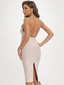 Rhinestone Chain Strap Slit Back Bandage Dress - Apricot - View 1