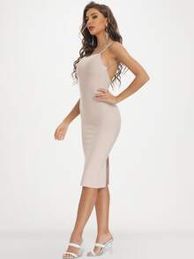 Rhinestone Chain Strap Slit Back Bandage Dress - Apricot - View 5