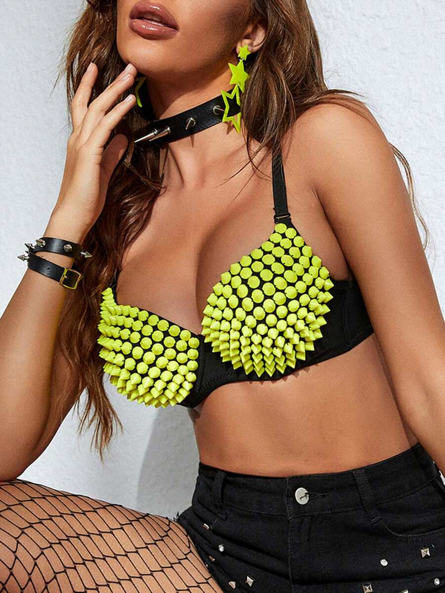 Apperloth A Spiked Detail Bustier Crop Cami Top - Multicolor - View 1