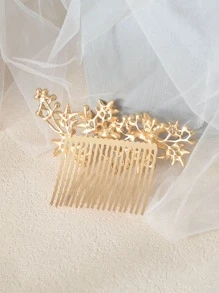 Faux Pearl & Leaf Decor Wedding Hair Pin - Gold - View 2