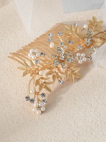Faux Pearl & Leaf Decor Wedding Hair Pin - Gold - View 3