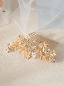 Faux Pearl & Leaf Decor Wedding Hair Pin - Gold - View 5