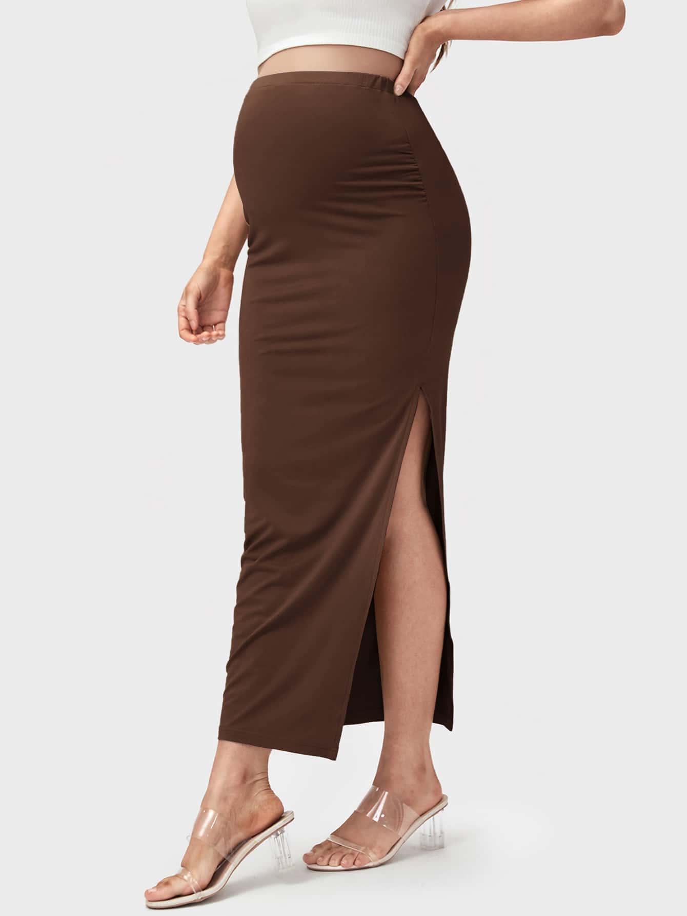 SHEIN Maternity Slit Asymmetrical Long Skirt - Coffee Brown - View 1