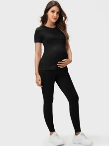 SHEIN Maternity Split Hem Tee & Leggings - Black - View 1