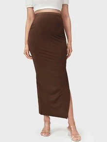 SHEIN Maternity Slit Asymmetrical Long Skirt - Coffee Brown - View 5