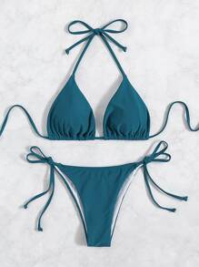 SHEIN Swim Summer Beach Mono Bikini Set Rib-Knit Triangle Bra & Tie Side Bottom 2 Pieces Bikini - Navy Blue - View 3