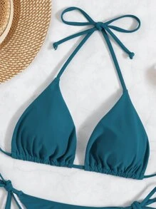 SHEIN Swim Summer Beach Mono Bikini Set Rib-Knit Triangle Bra & Tie Side Bottom 2 Pieces Bikini - Navy Blue - View 5